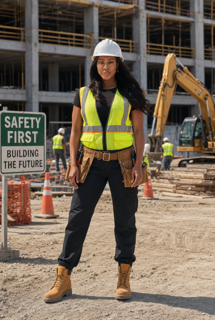 Kim Klacik in a hard hat and safety vest on an active construction site