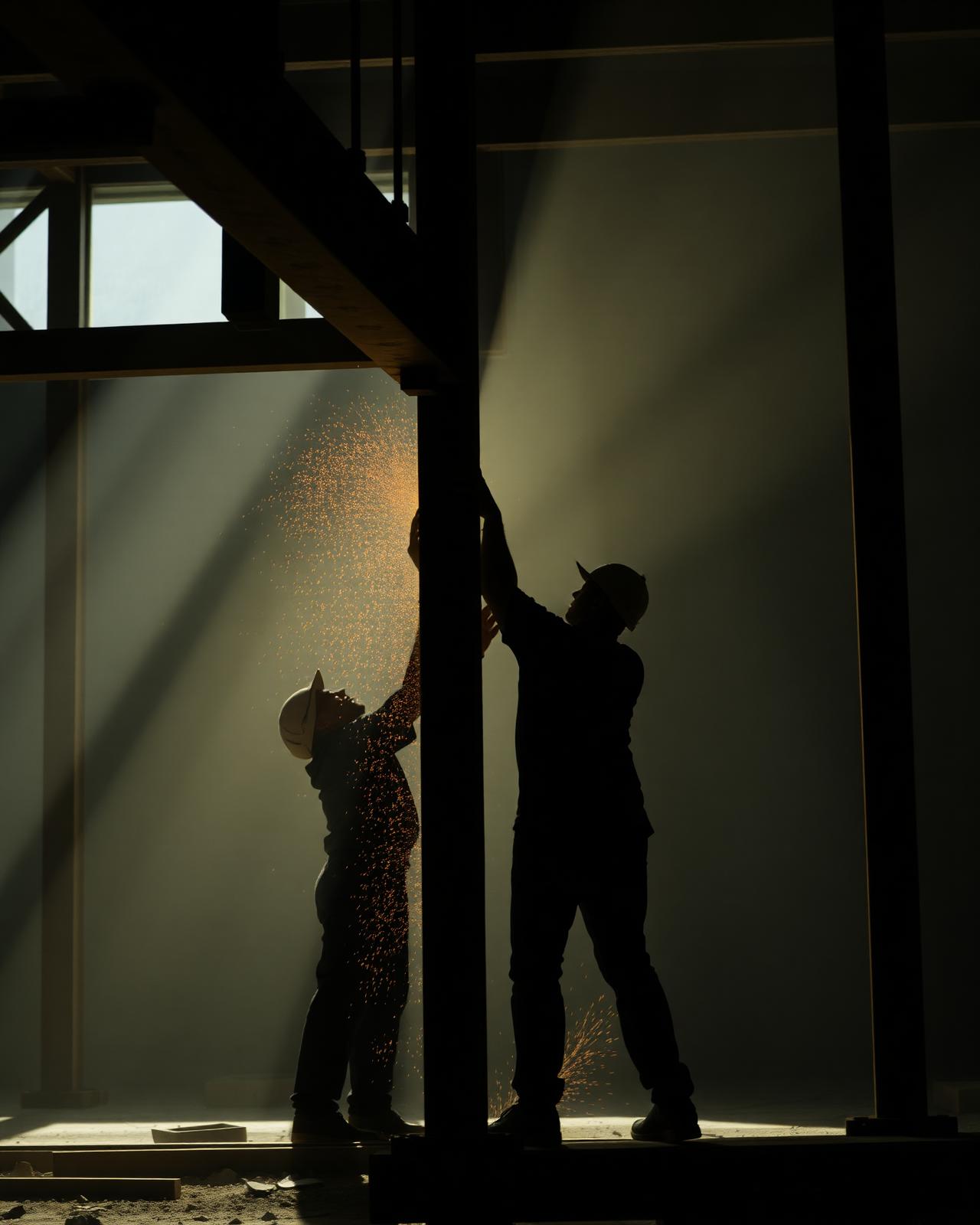 Crew guiding a steel beam into place on a construction site