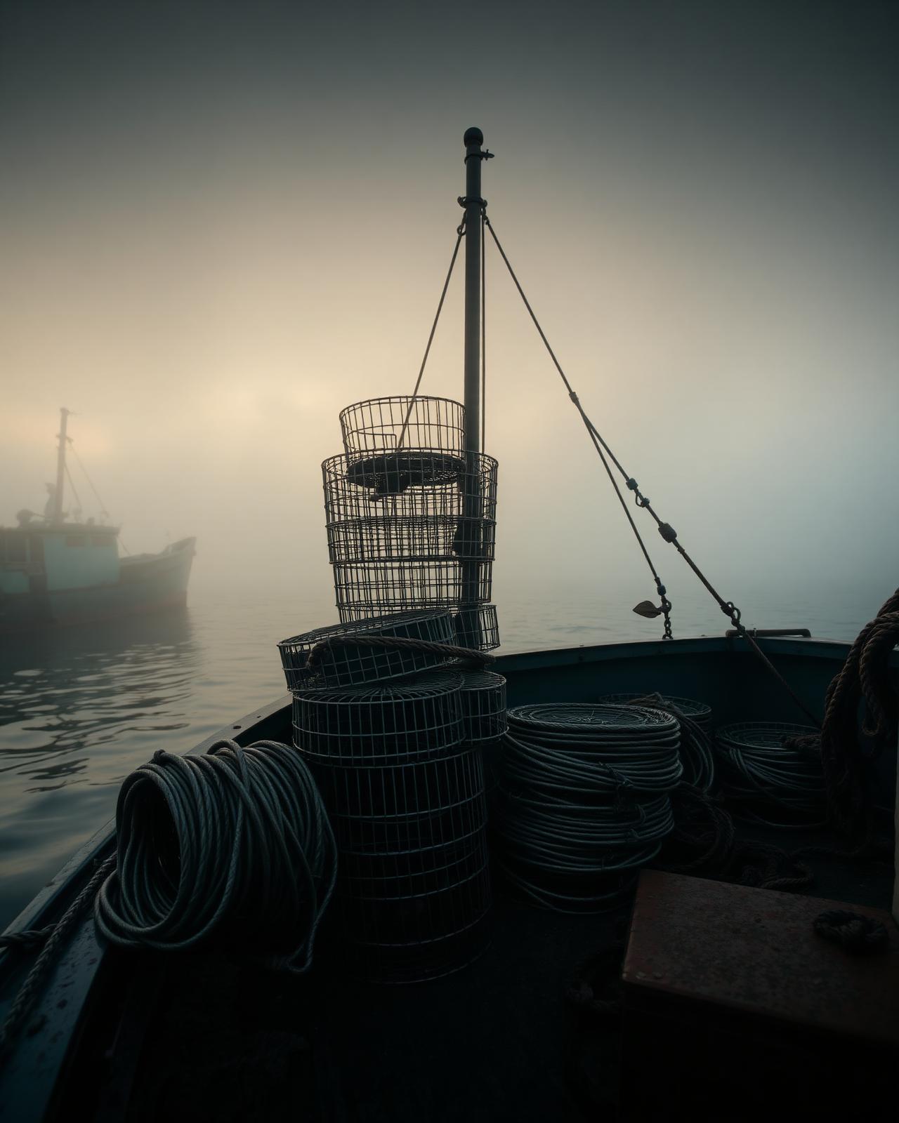 Stacked crab pots and coiled rope on a Chesapeake workboat at dawn