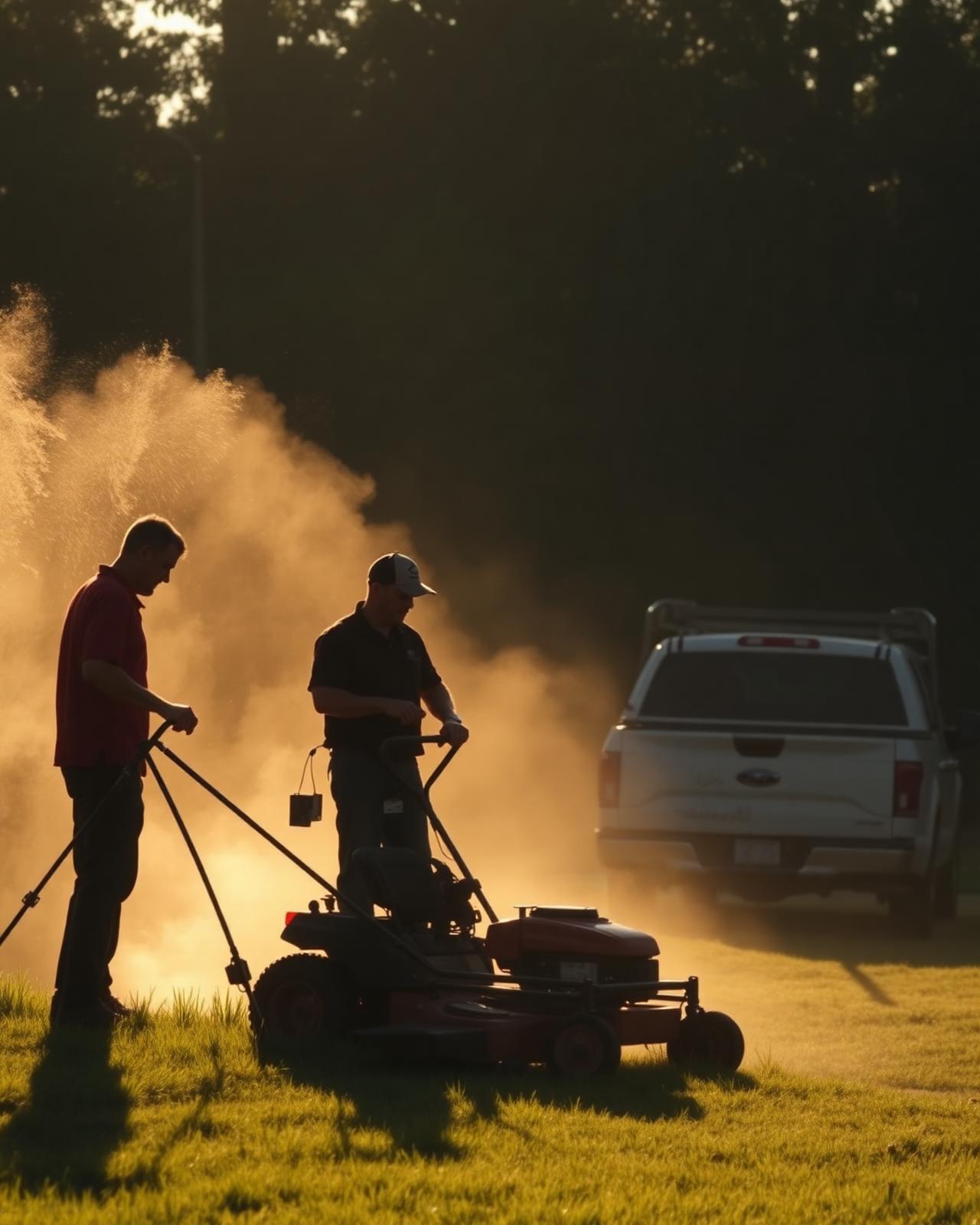 Landscaping crew running mowers through cut-grass dust in low sunlight