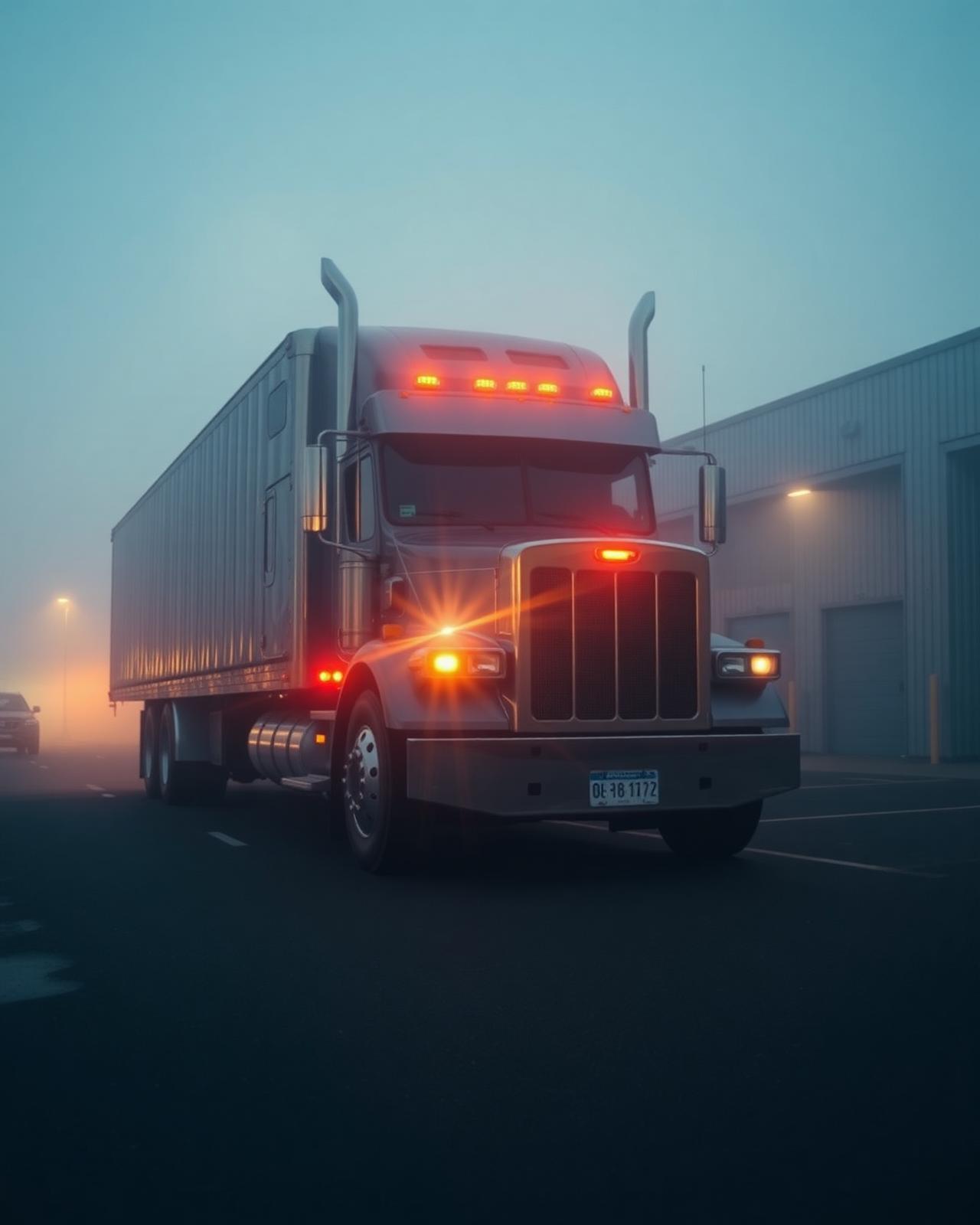 Semi truck at a loading dock before dawn with marker lights in the fog